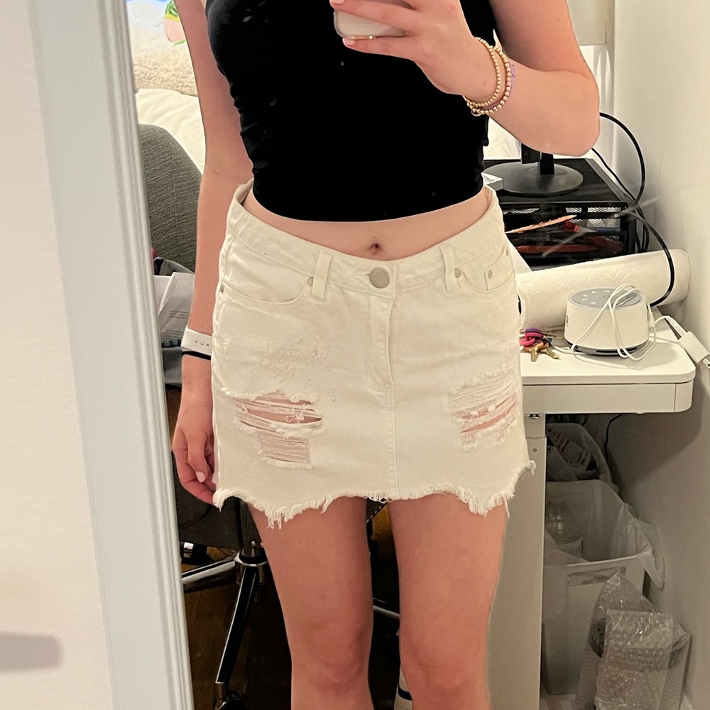 Signature8 White Distressed Denim Mini Skirt